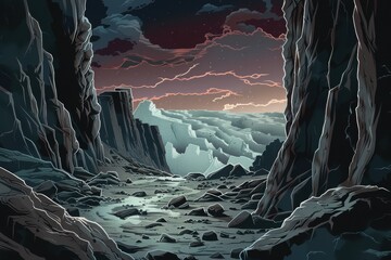 Wall Mural - a rocky valley with a starry night sky and a distant mountain range