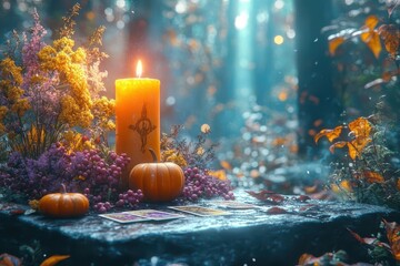 mystical wiccan altar in autumn forest clearing candles crystals herbs tarot cards pumpkins leaves berries magical atmosphere anime style