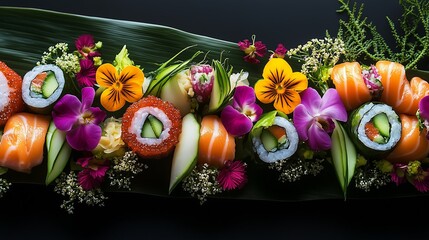 Wall Mural - Exquisite Japanese Sushi Rolls with Intricate Floral Designs and Fresh Ingredients