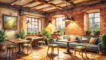 Wall Mural - A Cozy Corner Cafe: A Watercolor Illustration of a Quaint Cafe with Warm, Earthy Tones  generative AI