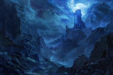 Wall Mural - a towering fortress under a full moon in a mountainous landscape
