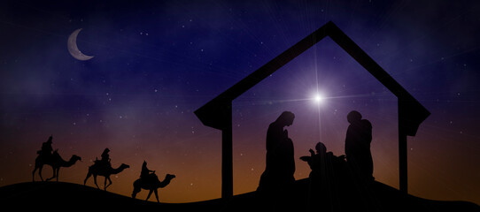 Nativity scene with the Magi in the desert, the star and the birth of Jesus Christ at night. Christian Christmas and the gifts of the Magi concept.