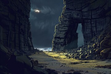Wall Mural - Moonlight Illuminating a Rocky Beach with an Archway