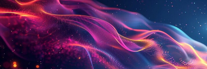 Abstract Colorful Waves of Energy and Light on a Deep Blue Background - A vibrant and dynamic abstract image featuring flowing waves of pink, blue and orange light on a deep blue background. The image