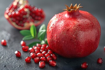 Wall Mural - Fresh Pomegranate with Seeds and Leaves on Wet Dark Surface for Culinary and Health Design