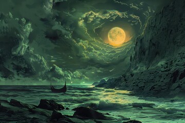 Wall Mural - A lone boat sails under a full moon and green sky, with rocky cliffs in the distance.