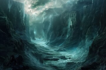 Wall Mural - a stormy, turbulent river rushes through a dark, rocky canyon