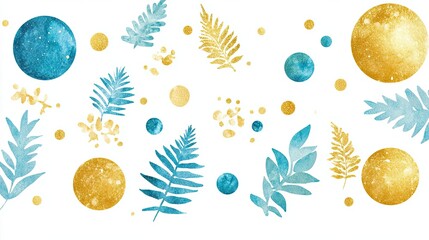 Wall Mural - Abstract Watercolor Pattern with Blue and Gold Leaves and Circles