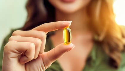 Yellow vitamin capsule in a woman's hand