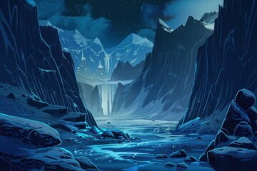 Wall Mural - a nighttime mountain landscape with a waterfall and river