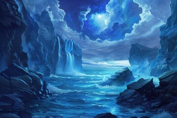 Wall Mural - A Moonlit Seascape with a Waterfall Cascade