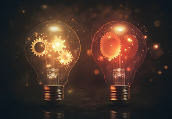 Two Light Bulbs: One with Gears and the Other in Full Color