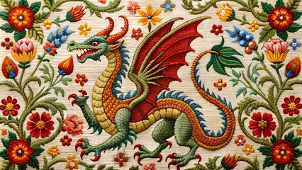 Wall Mural - A Tapestry of Tradition: Celebrating Sant Jordi with a Floral Dragon  Generative AI