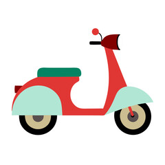 illustration of cartoon red and duckegg blue moped with green seat, scooter, motor cycle