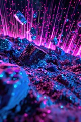 Wall Mural - Shimmering crystal rocks glow with pink and blue light in the dark. Energy particles are dispersed throughout the scene.