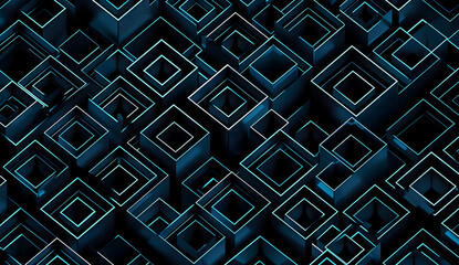 Abstract 3D geometric pattern with blue glowing lines.