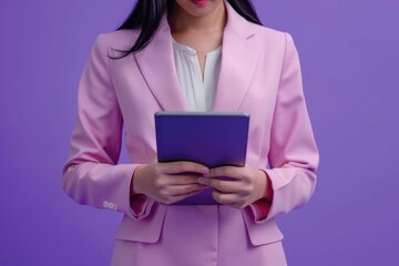 Female professional dressed in business wear, deeply engrossed in digital tablet work.