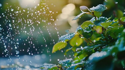 Wall Mural - Raindrops Falling on Lush Green Leaves with a Blurry Background