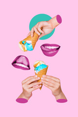 Sticker - Vertical collage 3d hands body fragments hold ice cream dessert tasty waffles woman mouth face lick lips tempting huger delicious meal