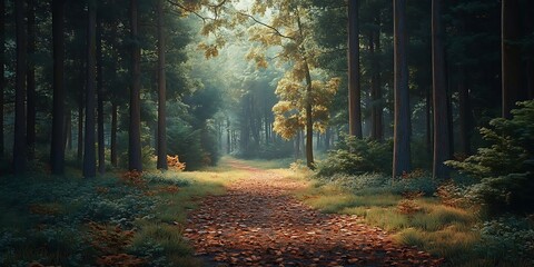 Wall Mural - Forest Path Sunlight Through Trees Illustration