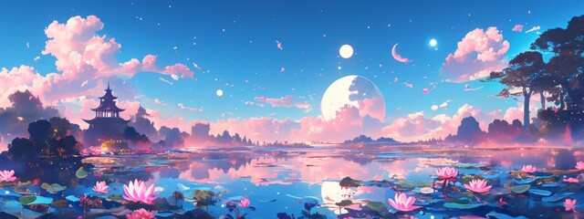 Enchanting Mid-Autumn Festival Scene: 3D Mooncake Celebration with Whimsical Clouds, Lotus Flowers, Leaves, and Rabbits. Abstract Anime-Inspired Landscape for Creative Marketing. AI-Generated 4K Wallp