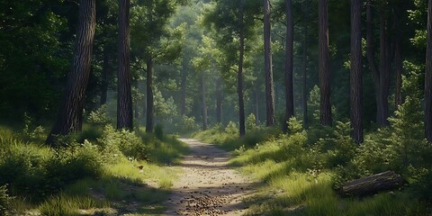 Wall Mural - Forest Path 3D Illustration - Sunlight Filtering Through Trees