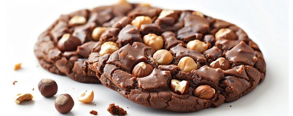 Chocolate hazelnut cookie with a hazelnut topping, isolated on white, rich and indulgent