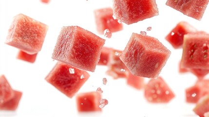 Canvas Print - Watermelon Cubes Falling on White Background