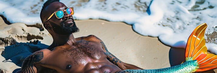 Wall Mural - friendly colorful black male mermaid, sunbathing on beach, sunglasses 