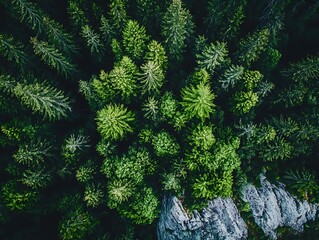 Canvas Print - Aerial View of Lush Green Forest with Rocks, Photo