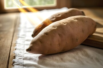 Wall Mural - Raw sweet potato on the table