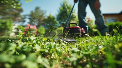 Man cutting green grass with an electric string trimmer outdoors, close-up