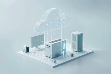 Wall Mural - A computer network is shown in a 3D image, with a large cloud in the center