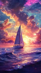 Wall Mural - Sailboat Navigating Through a Vibrant Sunset Over the Ocean