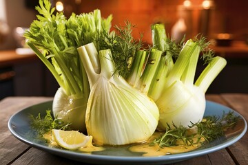 Wall Mural - A plate of celery and onions with a yellow lemon on top