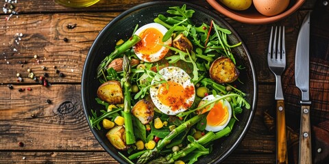 Poster - High angle view of delicious salad featuring asparagus eggs and potatoes served in a bowl on a wooden table for a nutritious lunch option