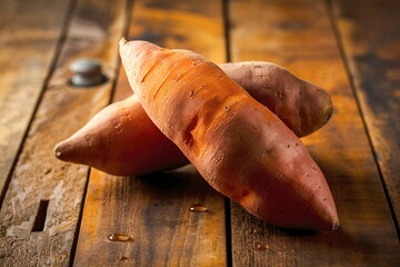 Wall Mural - Three large orange potatoes are sitting on a wooden table