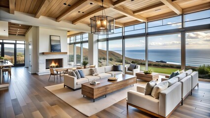 Wall Mural - A Serene Coastal Retreat: A Modern Farmhouse with Ocean Views  generative AI