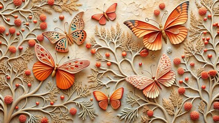 Wall Mural - Coral Butterfly Symphony: A Tapestry of Color and Texture  AI generated