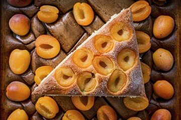 Wall Mural - Triangle cake with apricots baked in the oven on wooden background