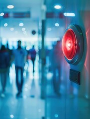 Wall Mural - A bright red fire alarm button illuminates on the wall, alerting individuals in a busy hallway to an active emergency situation. Generative AI