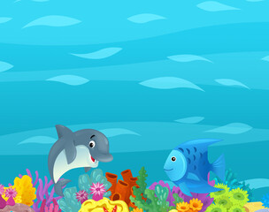 Wall Mural - Cartoon ocean and sea coral reef animals of underwater kingdom swimming diving wit illustration for kids