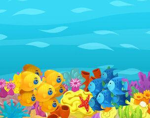 Wall Mural - Cartoon ocean and sea coral reef animals of underwater kingdom swimming diving wit illustration for kids