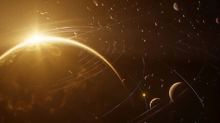 Wall Mural - golden planet bathed in the warm glow of sunrise. the celestial body is surrounded by a swirling arr