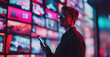 © Danica - A young man holding his phone stands in front of an immersive digital wall with multiple screens displaying various video content and social media marketing visuals, representing the impact that artif
