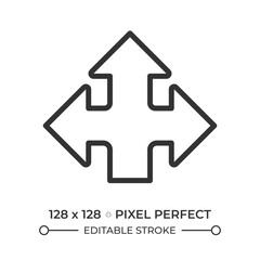 Poster - Triple arrow linear icon. Representing options or decision-making. Three paths. Direction and navigation symbol. Thin line illustration. Contour symbol. Vector outline drawing. Editable stroke