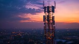 Cell Tower stands tall against a vibrant sunset sky, silhouetted against the cityscape below. tower's intricate structure, highlighting the essential role it plays in modern communication.