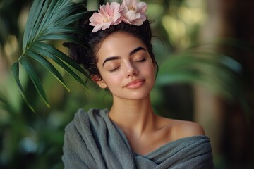 portrait of a beautiful woman in a gray towel with flowers in her hair sits in a tropical spa surrounded by palm leaves