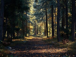 Wall Mural - Forest Path in the Sunlight - Realistic 3D Illustration