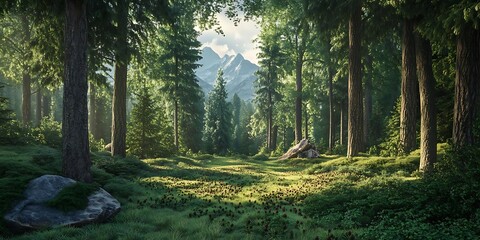 Wall Mural - Sunlight Dappled Through the Trees in a Lush Forest Illustration